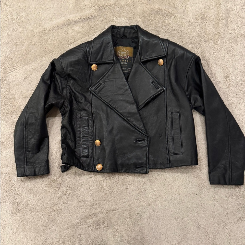 Express Black Leather Jacket with Gold Buttons